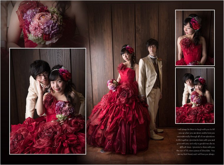 赤のドレスでは雰囲気を一転。5頁目：結婚式アルバム