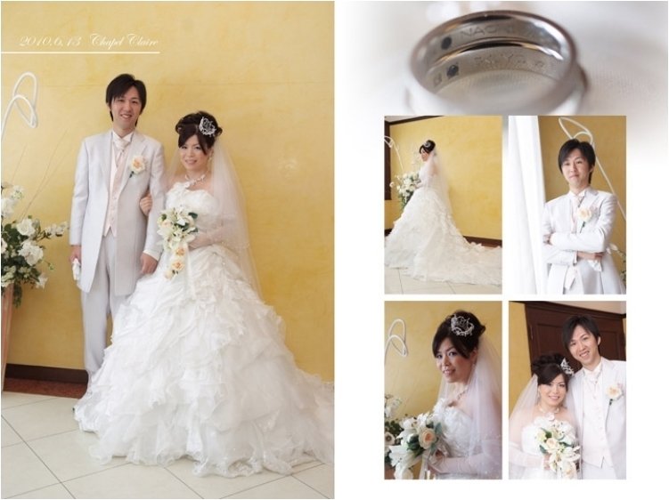 式場は閑静な住宅街の中にある緑に囲まれたチャペルクレール。2頁目:結婚式アルバム