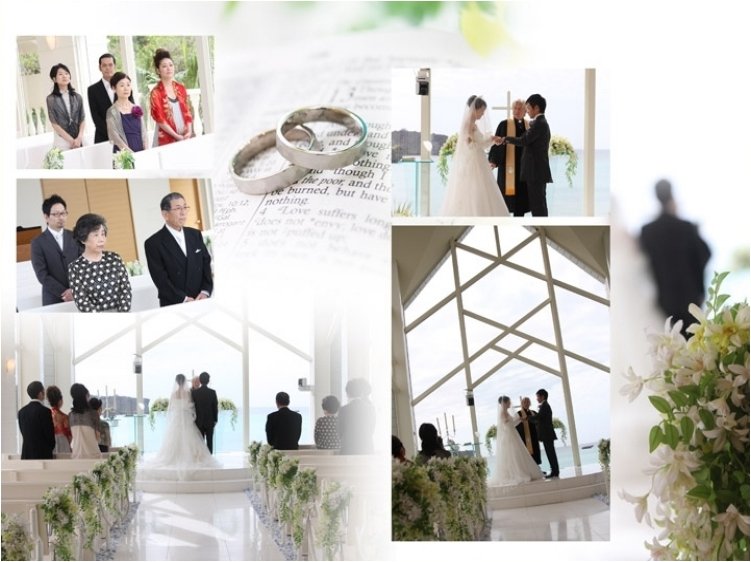 
式場は沖縄のコーラルヴィータ・チャペル。3頁目：結婚式アルバム