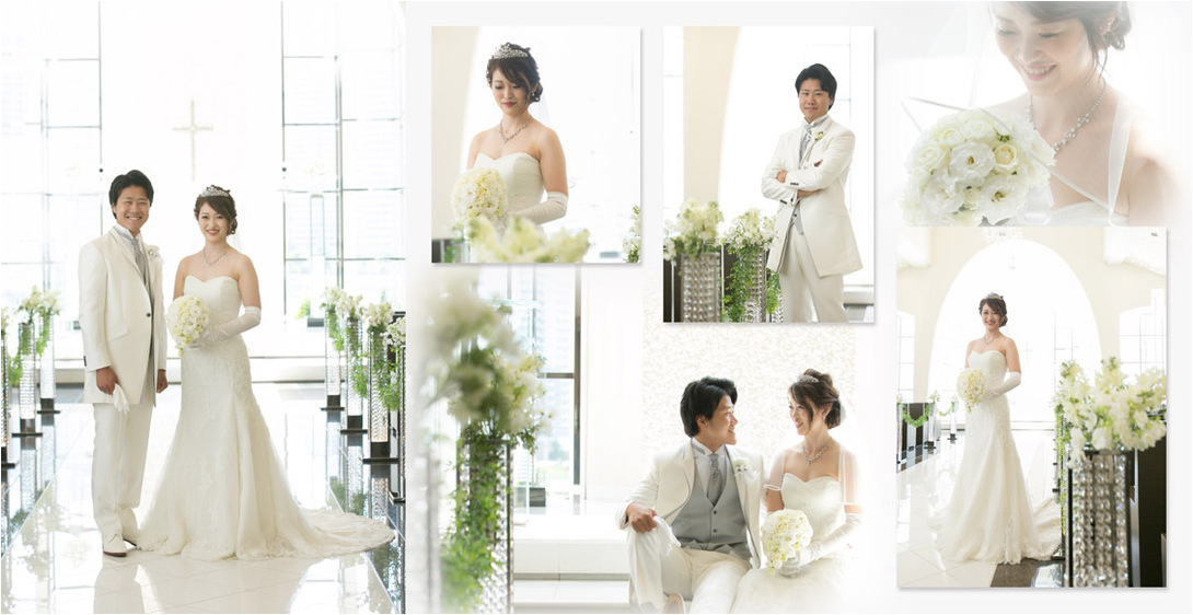 新婦はウエディングドレス、新郎は白のタキシードの衣装で、横浜駅からすぐの式場、アートグレイスポートサイトヴィラで撮影されました。2頁目：結婚式アルバム