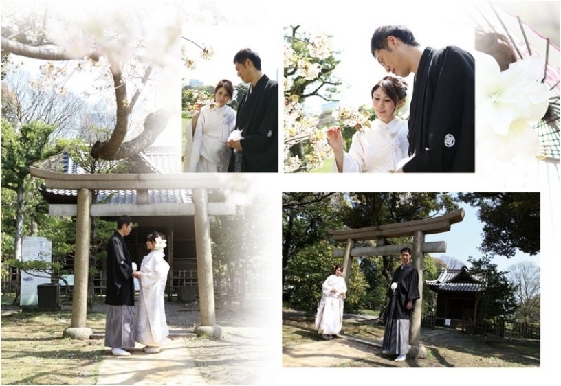 
お天気にもめぐまれ、桜や菜の花が咲き誇る色彩豊かな季節に日本庭園での前撮り撮影、羨ましい限りです。6頁目：結婚式アルバム