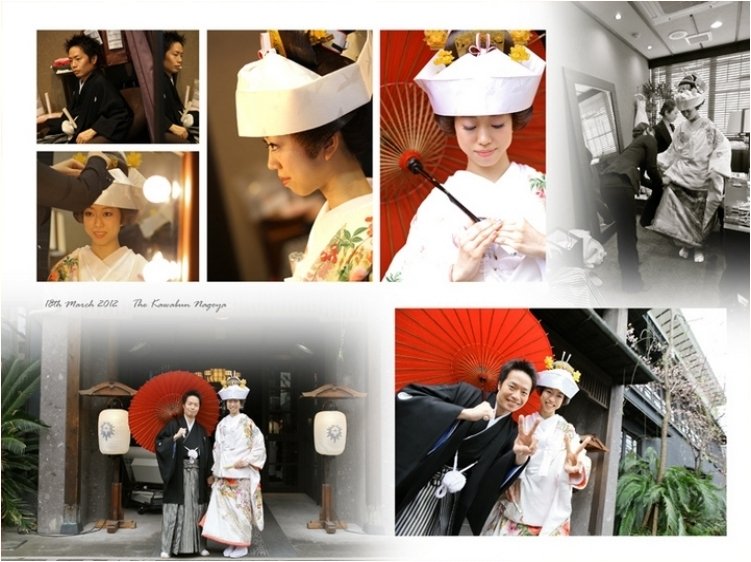 新婦は美しいべっ甲のかんざしをさした文金高島田に角隠しを巻き、色鮮やかな刺繍の施された色打掛をまとい伝統的な花嫁の装いに。2頁目：結婚式アルバム