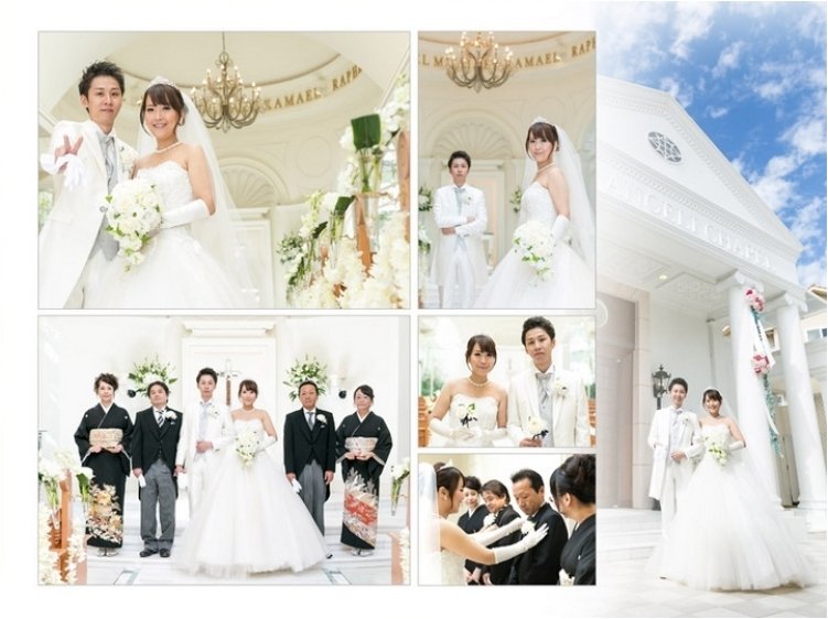 純白のドレスが眩しく輝き、花嫁をより美しく際立たせます。4頁目：結婚式アルバム