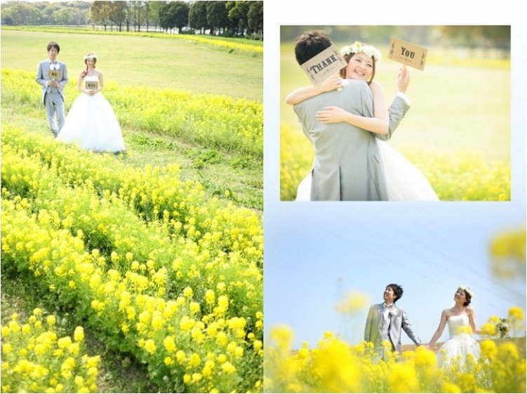 空の青や木々の緑、菜の花の黄色や桜のピンク。3頁目：結婚式アルバム