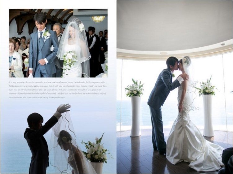 挙式は前面が海に面したガラス張りとなったモダンなチャペル。3頁目：結婚式アルバム
