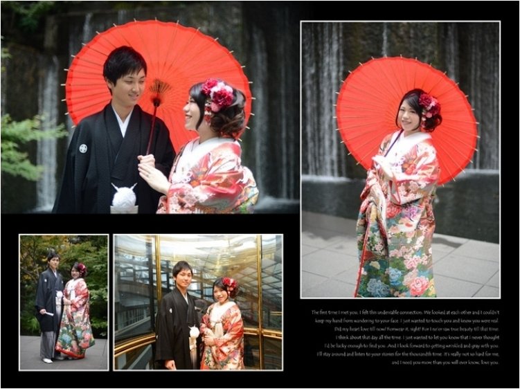 
鮮やかな装飾が施された背景に黒い紋付袴と赤い色打掛のお二人の姿が綺羅びやかに引き立っています。3頁目：結婚式アルバム