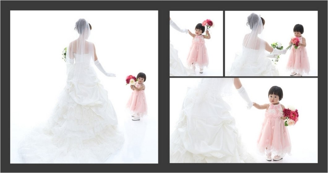 
お二人の娘さんもピンクのドレスでおめかしです。4頁目：結婚式アルバム