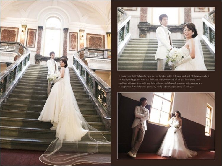 
洋装の前撮りはネオ・バロック様式で建てられた対象建築で行われました。2頁目：結婚式アルバム