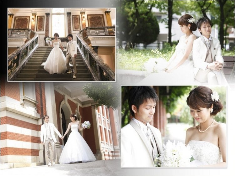 
豪華な装飾が施された大階段での見返り写真は海外の写真集の一場面のようで荘厳な美しさが感じられます。3頁目：結婚式アルバム