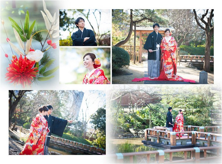 挙式の装いは黒の紋付袴に赤の色打掛。2頁目:結婚式アルバム