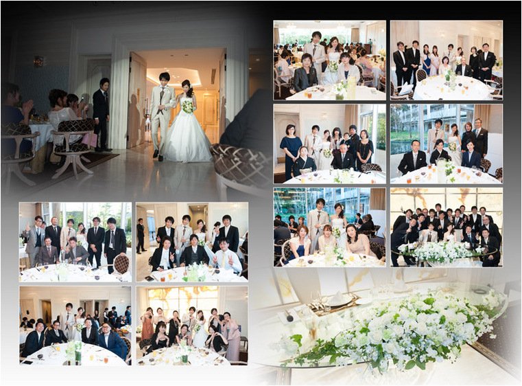 お色直しではグレーのタキシードに上品でシンプルなウェデングドレスで登場です。6頁目:結婚式アルバム