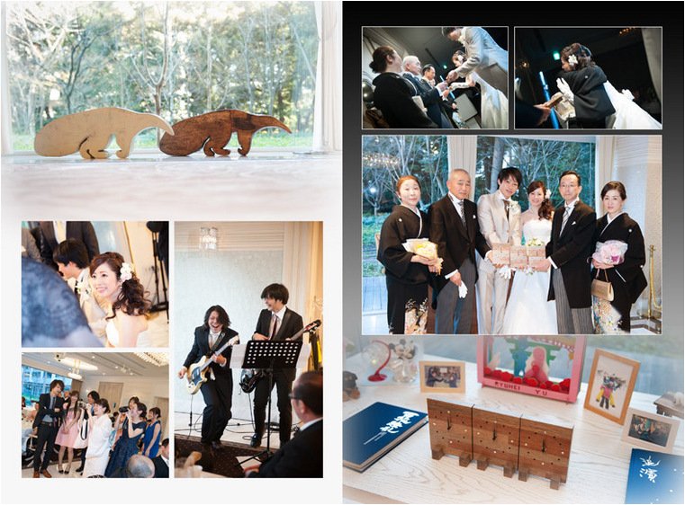 余興のバンド演奏やご友人との和気あいあいとしたお写真もところどころに使い楽しげな雰囲気が伝わってきます。7頁目:結婚式アルバム