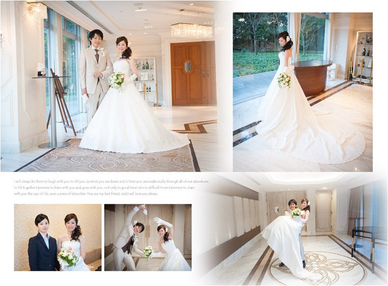 大きなアリクイのオブジェや、ウェルカムスペースに飾られた卒業アルバムなど小物への工夫も感じられる1冊です。8頁目:結婚式アルバム