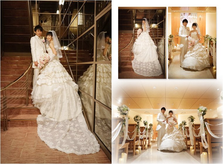 バージンロードに敷き詰められたクリスタルがきらめく中、参列したゲストの方々を証人とする人前式が行われました。3頁目:結婚式アルバム