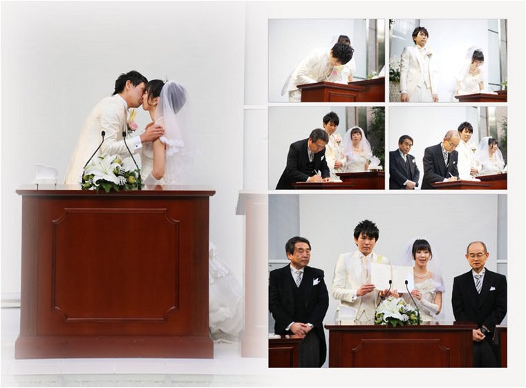 ウェデングケーキにも可愛いサンタと切り株が飾られています。6頁目:結婚式アルバム