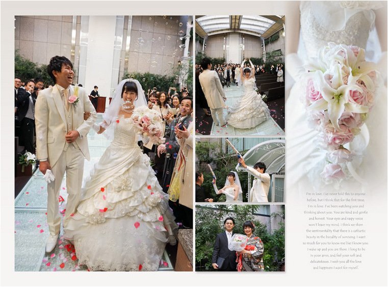 お色直しでは新婦は鮮やかな真っ赤なドレスにお召し替え。7頁目:結婚式アルバム