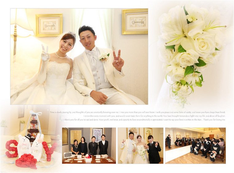 ページをめくると控室でのお二人の笑顔が飛び込んできて、素敵な一日の始まりを予感させます。2頁目:結婚式アルバム