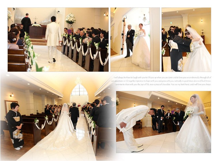 天井から明るい光が降り注ぐ神聖なチャペルでの挙式、退場シーンではその緊張感から解き放たれ、参列者みなさんからの祝福の拍手に喜びの笑みで応えます。3頁目:結婚式アルバム