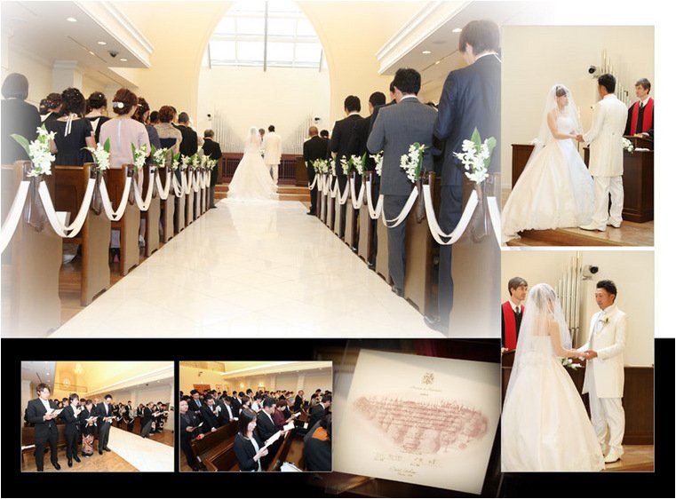 チャペルの外では、フラワーシャワー、ブーケトスのあとに、中部圏で有名なお菓子まきも!
晴れ渡ったプライベートガーデンで大いに盛り上がりました。4頁目:結婚式アルバム