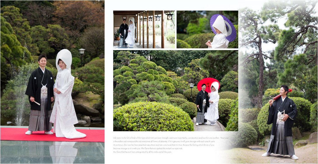 前撮り挙式披露宴、そしてシャッフルページには新婚旅行も収載しボリュームたっぷりの一冊です。2頁目:結婚式アルバム