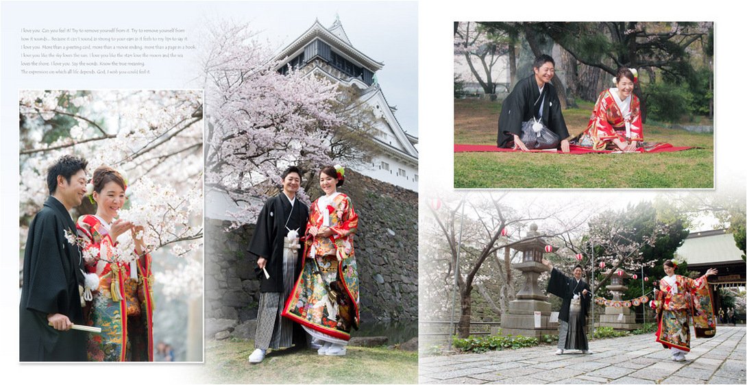 表紙に選ばれたお写真は、庭園の中にある祭壇から石畳のバージンロードを歩いて退場する所です。4頁目:結婚式アルバム