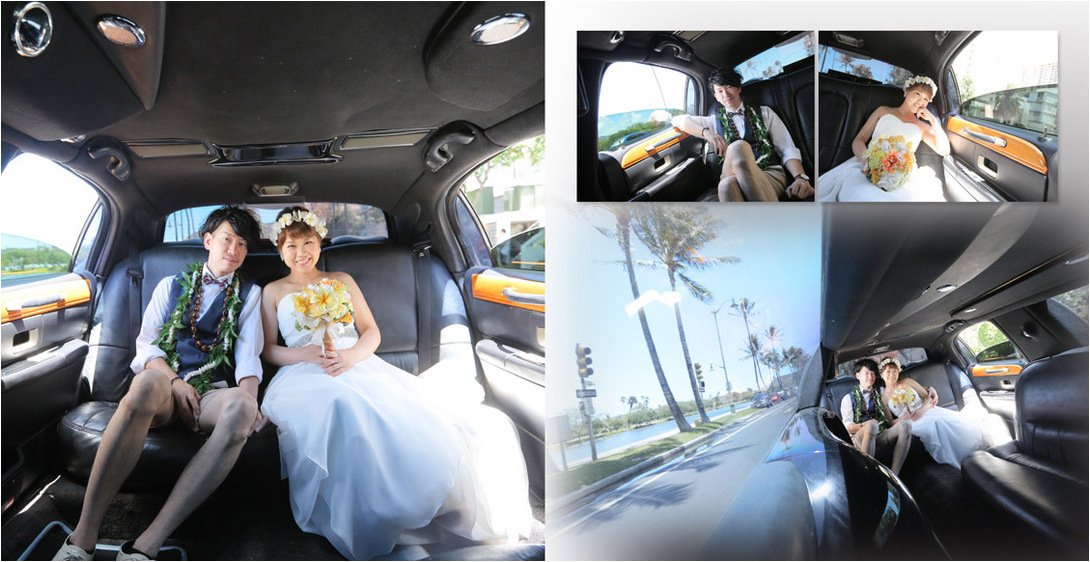 表紙は眩しいほどにきらめく日差しの中、木陰で寄り添う合うお二人と木々の緑に海と空の青が美しいお写真を選ばれました。2頁目:結婚式アルバム