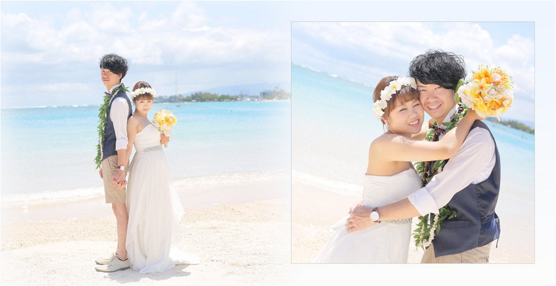 新婦のシンプルなウェディング姿は白の花冠に黄色の鮮やかなブーケが目を引きますね。4頁目:結婚式アルバム