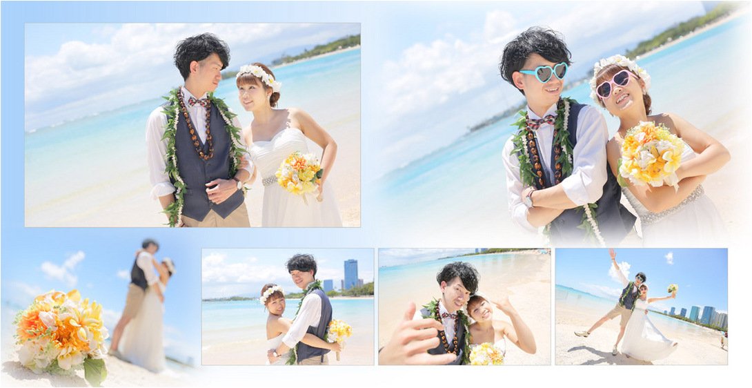 新郎もハワイならではのレイを首からかけ、ハーフパンツで爽やかです。5頁目:結婚式アルバム