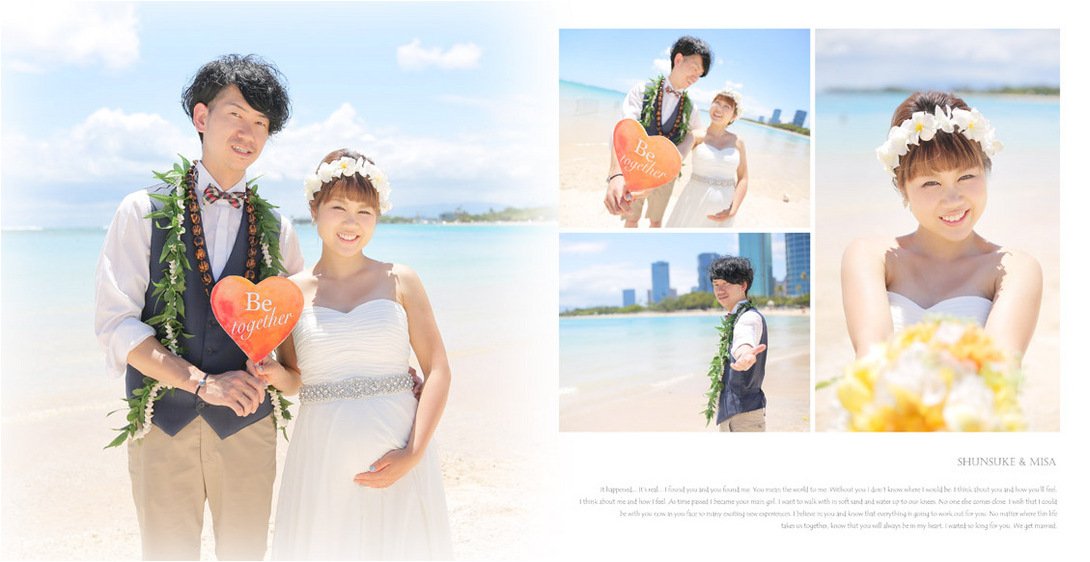 快晴に恵まれてのビーチフォトは眩しそうな表情ながらしっかりと手をつなぎ合い、楽しく仲睦まじい様子が伝わってきます。6頁目:結婚式アルバム