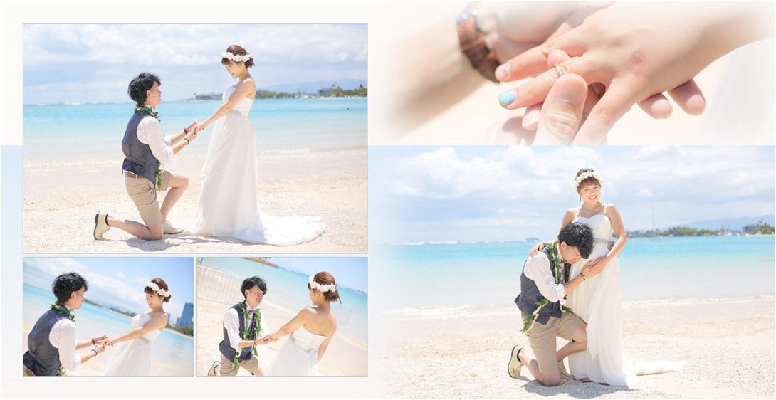 ハート型のサングラスをかけたポーズや、新郎がひざまずいて新婦に指輪をつけるショット、新婦のお腹に新郎が耳を当てるお写真など、色々なポーズで撮影を楽しまれました。7頁目:結婚式アルバム