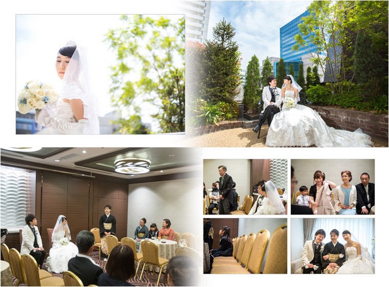 ドーム型のチャペル内、天窓に嵌め込まれたステンドグラスから柔らかな光が降り注ぐ中、お母様に手を引かれ磨き抜かれたバージンロードを一歩一歩新郎のもとへと向かいました。3頁目:結婚式アルバム