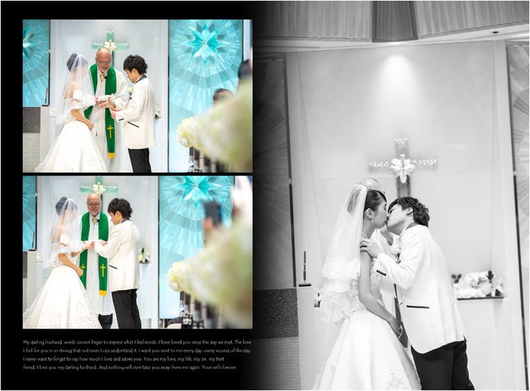 ピンクのシャンパンで乾杯するお二人の向こう側にも沢山のゲストの笑顔が溢れます。6頁目:結婚式アルバム