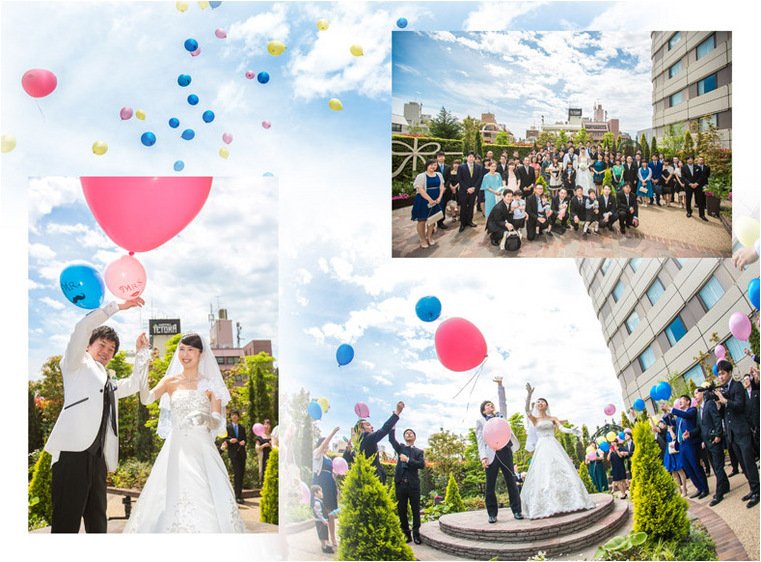 お色直しでは水色のドレスに大きなユリの花の髪飾りで登場です。9頁目:結婚式アルバム