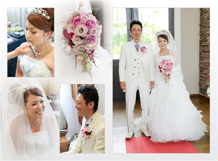 息子さんにエスコートされて入場され、新郎と息子さんががっちりと握手を交わすシーンが印象的です。2頁目:結婚式アルバム