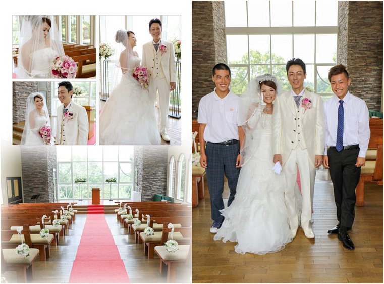 夏の太陽の下でのフラワーシャワーでは純白のドレスとタキシードが眩しく、爽やかなページとなりました。3頁目:結婚式アルバム