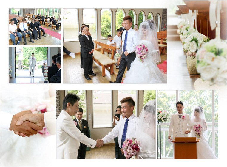 披露宴では新郎新婦はもちろんのこと、ゲストとの写真も多く取り入れ、アットホームで楽しい雰囲気が伝わる一冊となりました。4頁目:結婚式アルバム