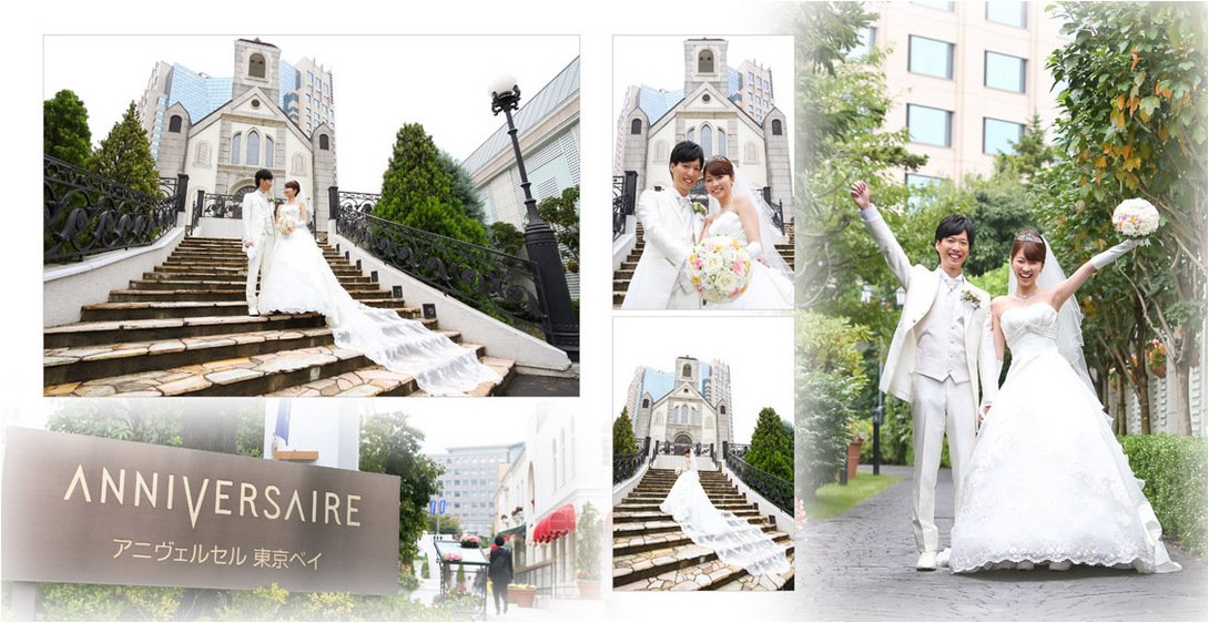 大理石の真っ白なバージンロードと天使のステンドグラスが印象的です。3頁目:結婚式アルバム