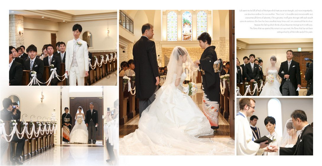 天井の高い大聖堂の空間の広がりがわかる挙式中のお写真をラージのワイド感を生かして配置しました。4頁目:結婚式アルバム