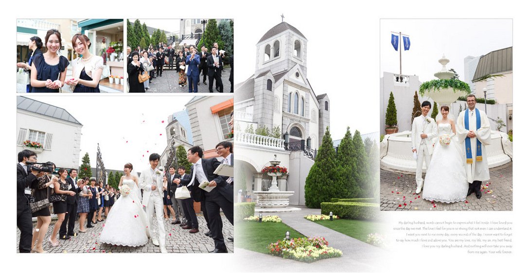 披露宴の後は二次会とハワイでのロケーション撮影に加え前撮りや新婚旅行も収載し、見どころたくさんの一冊となっています。7頁目:結婚式アルバム