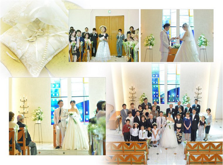 ページをめくると神社での前撮り写真から。6頁目:結婚式アルバム
