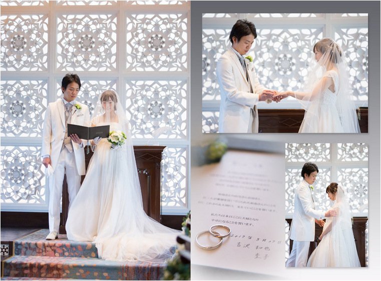厳かに差し込む光の中、ゲストの前で永遠の愛を誓いました。5頁目:結婚式アルバム