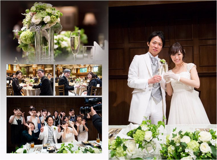 お色直しのお二人とも青系で揃え、新婦は水色のドレス、新郎はネイビーのタキシードで入場。9頁目:結婚式アルバム