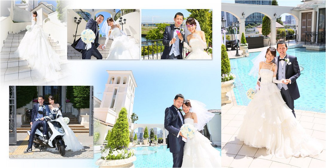 クリスタルの煌めきに満ちたチャペルでくつろいだお二人の笑顔が柔らかい光に祝福されているかのような表紙ですね。3頁目:結婚式アルバム