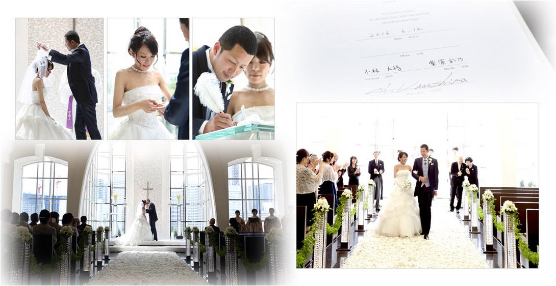 ガラスの靴のリングピローと結婚証明書を運ぶリングボーイの子どもたちに導かれ、新郎が入場。5頁目:結婚式アルバム