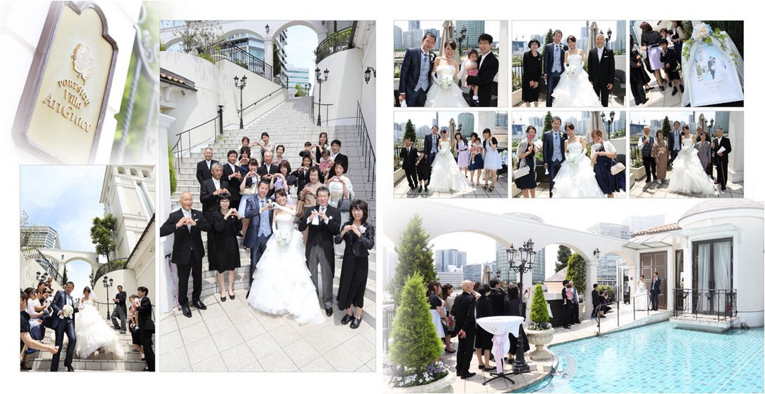 白いバラの花びらが敷き詰められたバージンロードを歩き父から新郎へと引き渡される瞬間、花嫁に感動の笑みがこぼれます。6頁目:結婚式アルバム