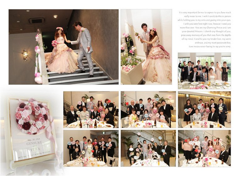 
ピンクのドレスと花冠にお色直しをされた後は新郎に手を引かれて再入場。6頁目：結婚式アルバム