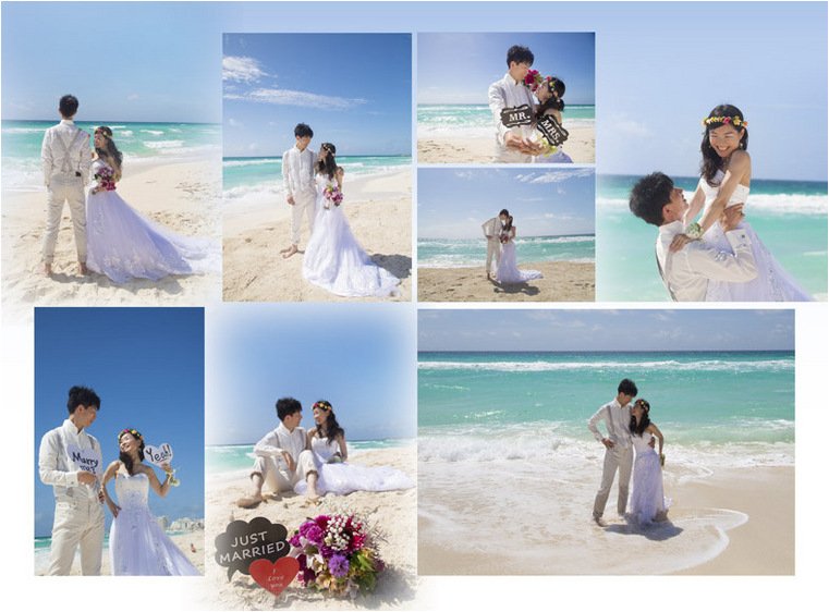 晴れ渡った空、エメラルドグリーンに透ける海、真っ白な砂浜。3頁目：結婚式アルバム