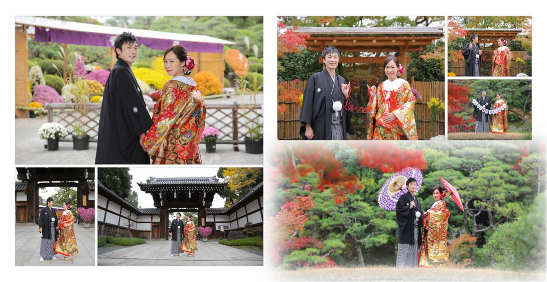 紅葉の彩りの風景の中、時代の薫り漂う日本庭園が和装のお二人を引き立たせてくれます。2頁目：結婚式アルバム