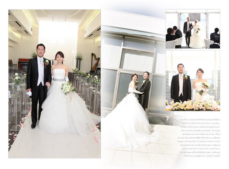 ゲストの写真も多く使い、賑やかで楽しげな雰囲気が伝わってきます。7頁目：結婚式アルバム